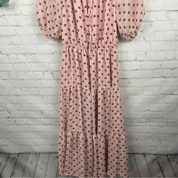 LULUS Love You Tier-ly Tiered Midi Blush Pink Brown Polka Dot Midi Dress size S - Picture 4 of 8